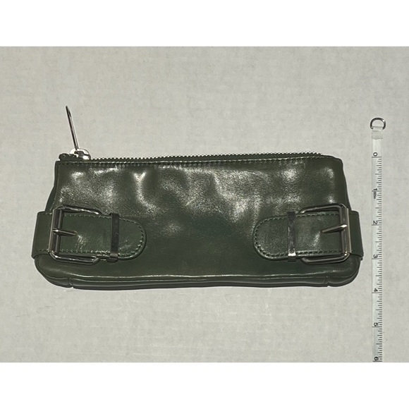 Banana Republic green leather clutch w/ silver buckle detail & exposed zipper. - Picture 3 of 4